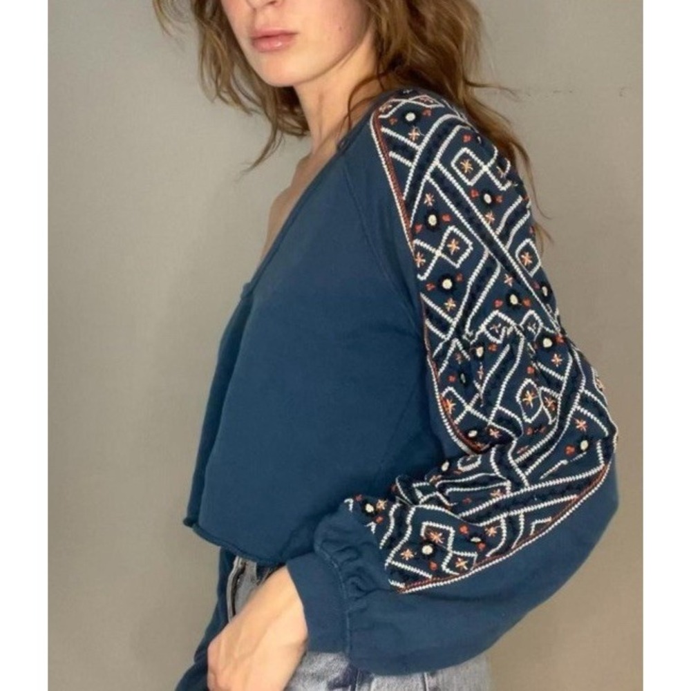 Free People Senorita Embroidered Balloon Sleeve Crop Sweatshirt Blue Boho Med***
